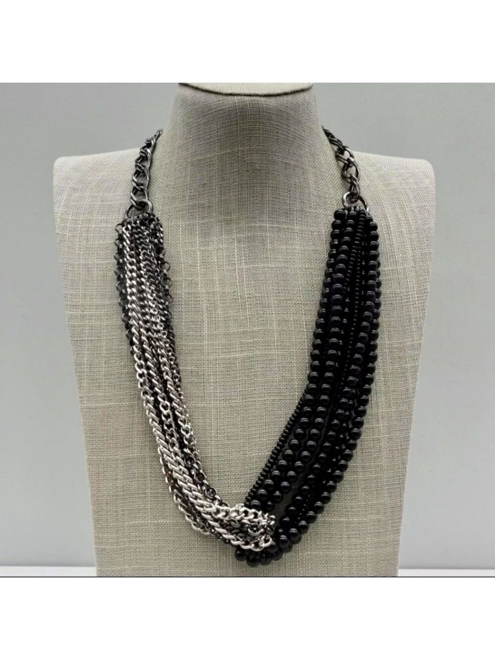 Talbots Necklace Modern Black Beaded Silver Tone Gunmetal Layered Chains 24 Inch